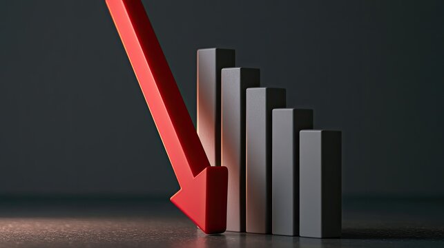 Red arrow descends sharply across declining bar graph