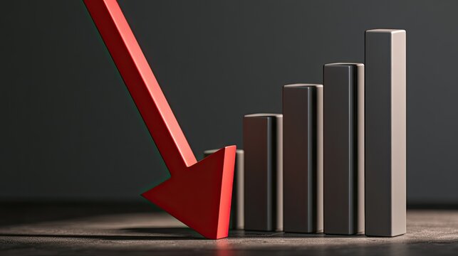 Red arrow plunges downward across rising bar graph