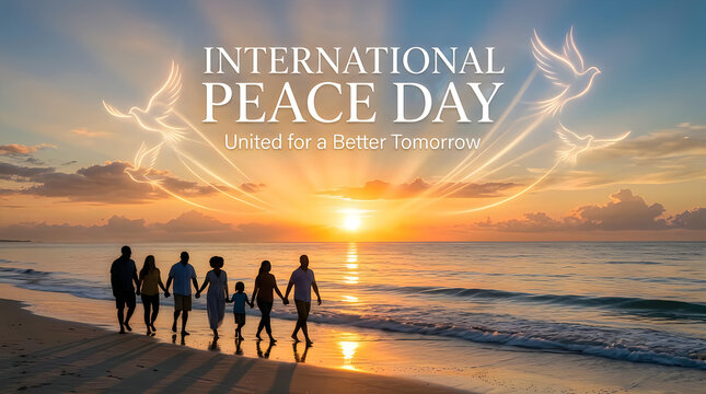 A group of people walking on the beach at sunrise celebrating international peace day with doves flying