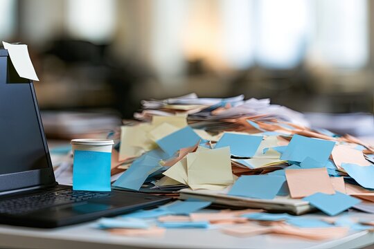 A cluttered desk with a laptop, piled high with colorful sticky notes