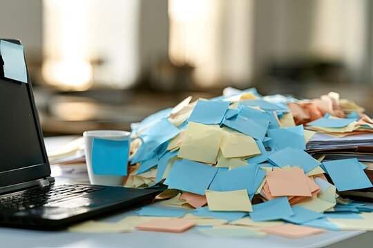 Overwhelmed workspace with laptop, overflowing sticky notes, and coffee mug