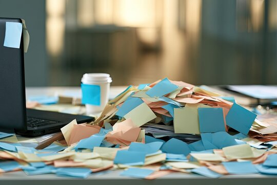 A cluttered desk overflows with colorful sticky notes and a coffee cup