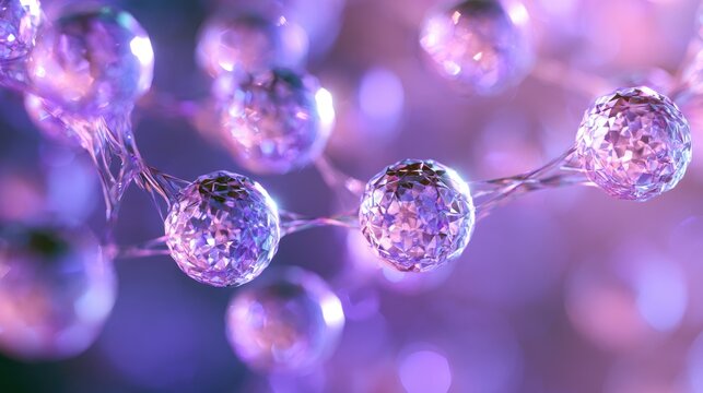 Close-up of shimmering, crystal spheres interconnected by fine threads