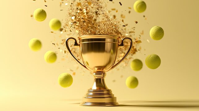 Golden trophy with scattered confetti and tennis balls, celebrating victory