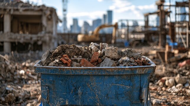 Blue dumpster filled with construction debris at a demolition site, city skyline behind