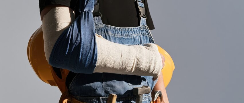 Injured worker wearing a sling and overalls, holding a hardhat