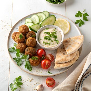 Golden falafel balls with creamy hummus fresh cucumber and pita bread on a white plate with parsley garnish