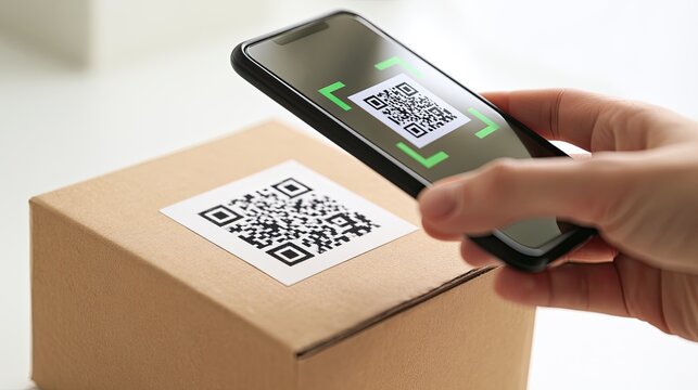 Hand holding phone scanning QR code on shipping box