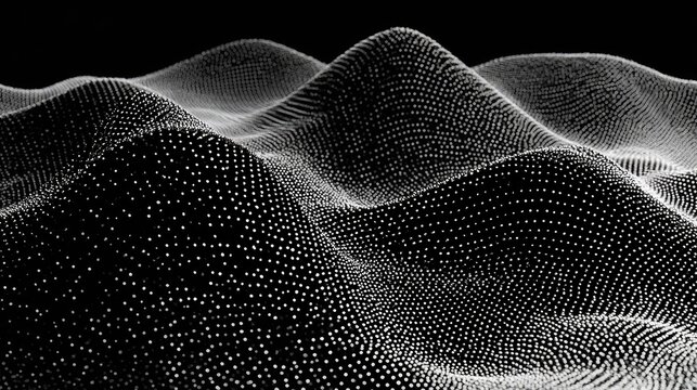 Textured abstract topography of tiny, illuminated points forming rolling hills