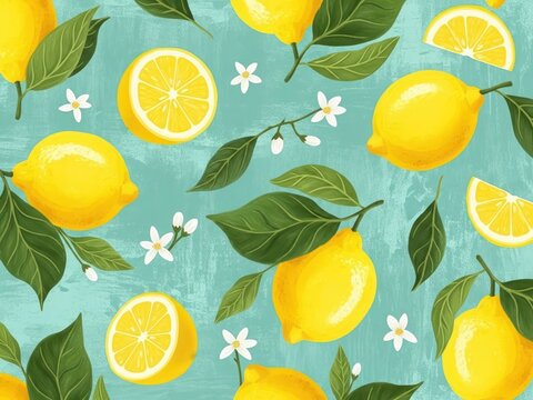 Beautiful pattern of lemons, leaves, and flowers on a turquoise textured background