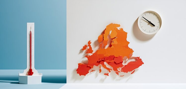 Paper thermometer and Europe map in warm tones, with clock indicating time