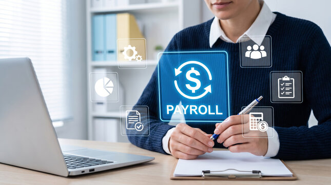 Payroll salary accounting finance office laptop Payroll salary accounting finance office. hr employee compensation payment pay. finance accounting management planning system, money income earning