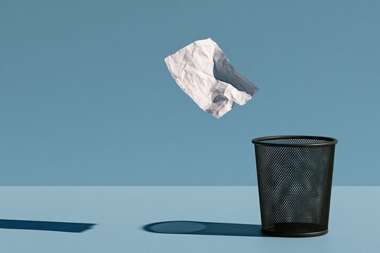 Crumpled paper mid-air above a dark waste bin on blue