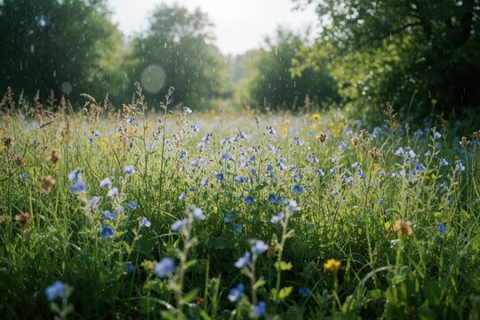 Meadow with blooming wildflowers and grass experiences light rainfall. Sun shines through rain and trees creating bokeh effects. Peaceful nature scene.