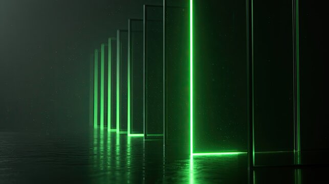 Rows of glowing green rectangles ascend into a dark, misty abyss