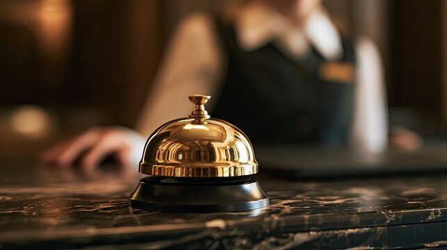 Gold bell on marble counter with blurred attendant