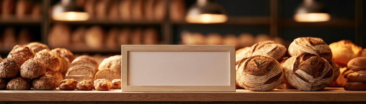 Empty sign on counter displaying rustic loaves of bread in a bakery