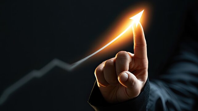 Illuminated arrow and hand pointing upward, symbolizing growth and success