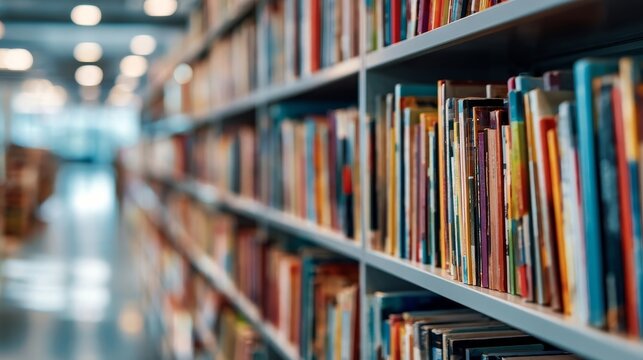 Books arranged on shelves in a modern library interior with blurred background, showcasing colorful spines and a well-organized collection of literature and reference materials