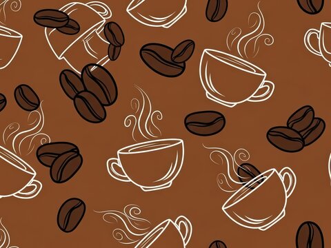 Steaming coffee cups and beans pattern on a brown background, hot beverage and cafe theme graphics