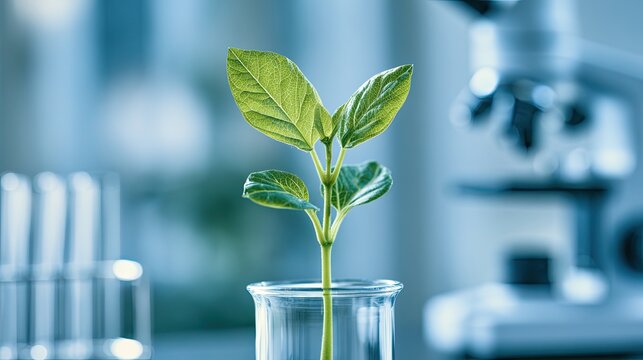 Young plant grows in a test tube in a lab with microscope blurred background