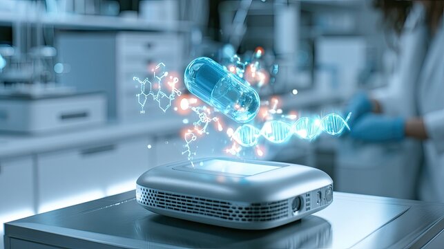 Futuristic holographic pill, DNA, and molecules levitating above device