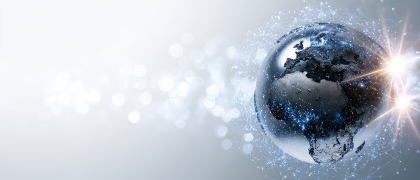 A metallic globe with interconnected nodes, glowing brightly against a bokeh background