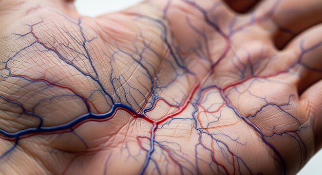 Intricate network of veins on a human palm