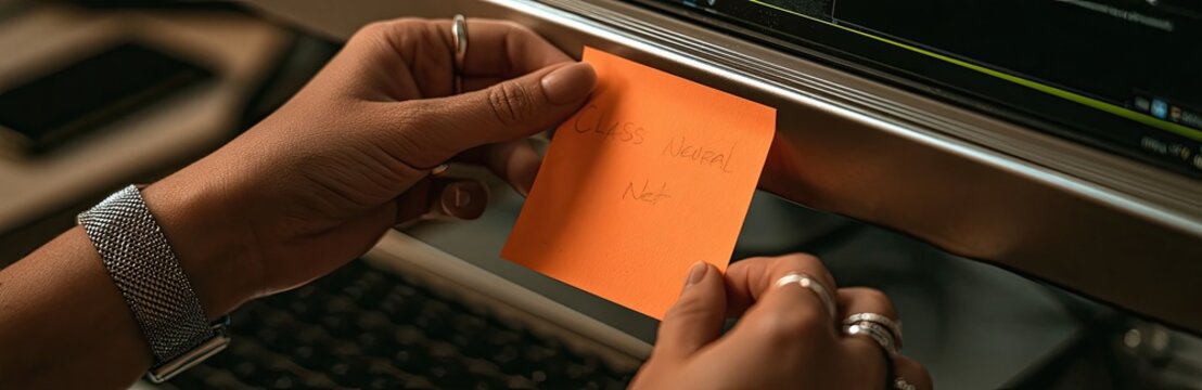 Hands holding an orange sticky note with writing, next to a computer screen