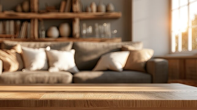 Soft light bathes a cozy living room with plush sofa, pillows, and bookshelf