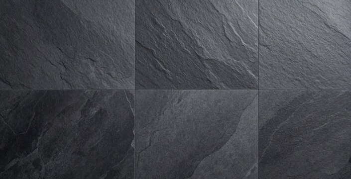Dark grey slate tiles with rough texture form modern floor surface. Ceramic stone material creates natural pattern for home renovation. Architectural design element looks elegant in luxury kitchen