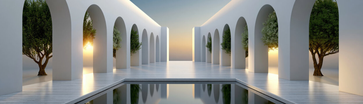 Wedding backdrop minimalist archway white corridor tree sunrise reflection pool panoramic architecture elegant symmetrical interior exterior arch walkway column shadow light serene modern