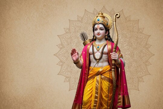 Lord Rama stands with golden bow, arrow wearing royal attire. Divine Hindu deity portrait for religious festival celebration. Sacred iconography displays king with crown against ornamental mandala
