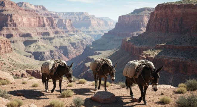 Donkeys carrying packs walk near a vast canyon