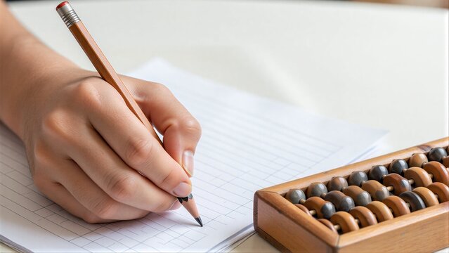 Hand writes with pencil beside wooden abacus on lined paper.