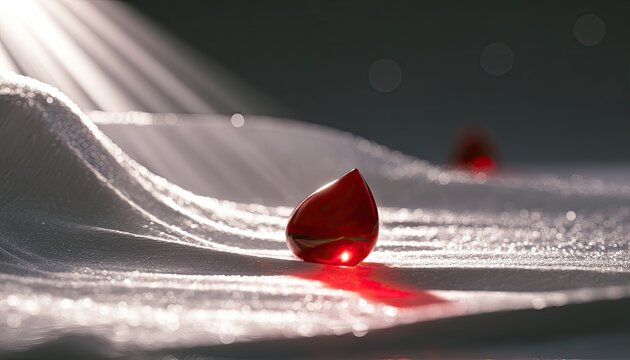 Red teardrop jewel glimmers on white textured surface under dramatic light