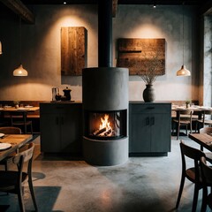 Obraz premium Empty modern rustic restaurant interior features central fireplace with burning wood fire. Stylish eatery room dark wood furniture brown decor, minimalist lighting. Calm coastal dinner venue provides