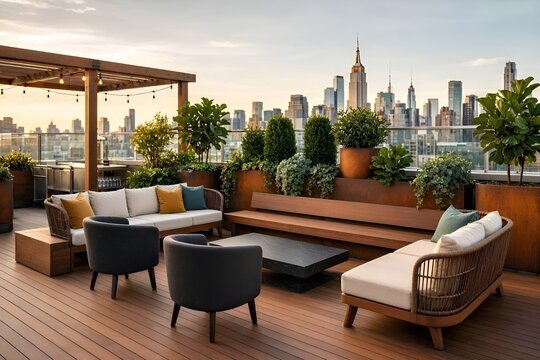 Empty Intimate Outdoor Rooftop Lounge Restaurant's Luxury Courtyard Terrace Area in Urban New York City with Bar Table Dining Outdoor Seating Chairs Surrounded by Greenery & Skyline Views. Happy Hour