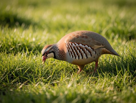 Red legged partridge walks in green grass field looking for food. Game bird foraging small worms, insects in meadow ground. Alectoris rufa bird with orange beak, striped feathers finds nourishment in