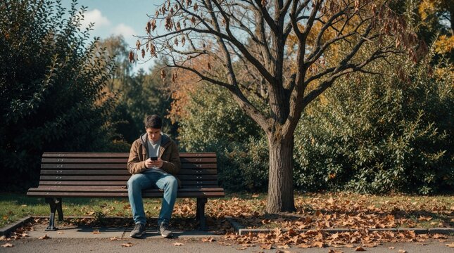 Young man sits on wooden park bench using smartphone. Person ignores dying dry tree with brown leaves in autumn forest. Guy focuses on digital device screen nature fades away. Concept of social