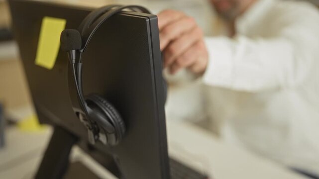 Man adjusting headset with hands at computer desk in office building wearing white shirt; focused work.