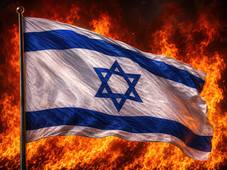 Obraz premium Israeli flag waving against fire and flames symbolizing war and national crisis