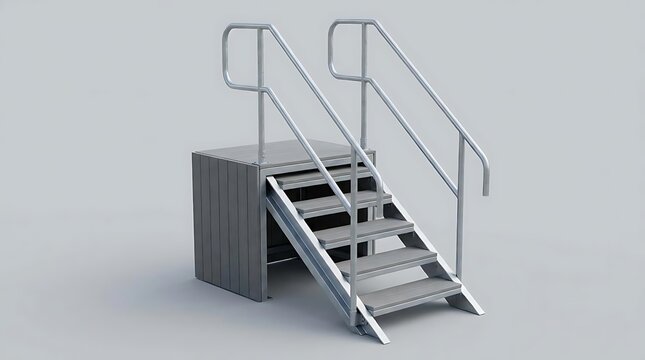 Above ground pool deck with metal staircase and integrated platform for safe swimming pool access isolated on a solid gray background for home design