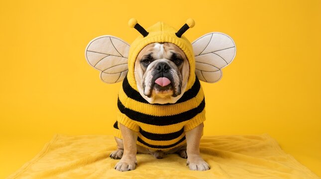 A cute bulldog wearing a bee costume sitting on a yellow blanket