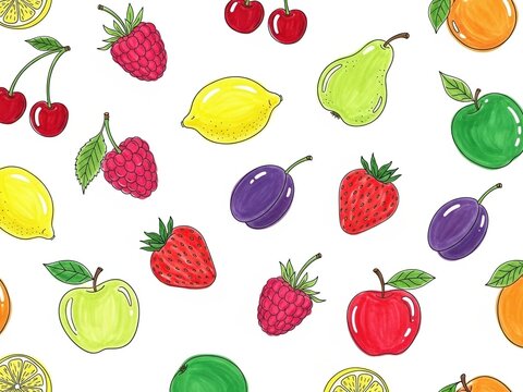 Assorted colorful fruits like apples pears lemons plums raspberries and strawberries seamless pattern