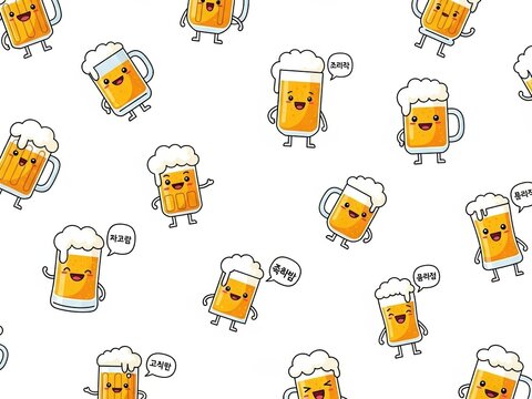 Cute cartoon beer mugs with happy faces and speech bubbles pattern on a white background