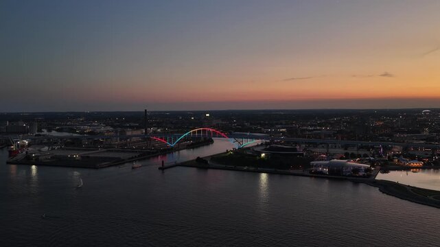  Aerial Drone View of Illuminated Arch Bridge Over Lake Michigan at Twilight &mdash; Milwaukee, Wisconsin | Smooth Cinematic 4K