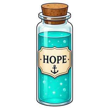 Spooky Halloween Magic Potion Bottle with Cyan Hope Liquid and Anchor Label Vector Illustration