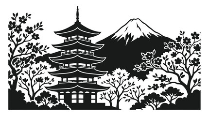 Obraz premium Asian temple with cherry blossoms and mountain silhouette.