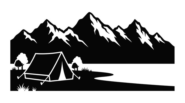 Camping tent by a mountain lake silhouette.